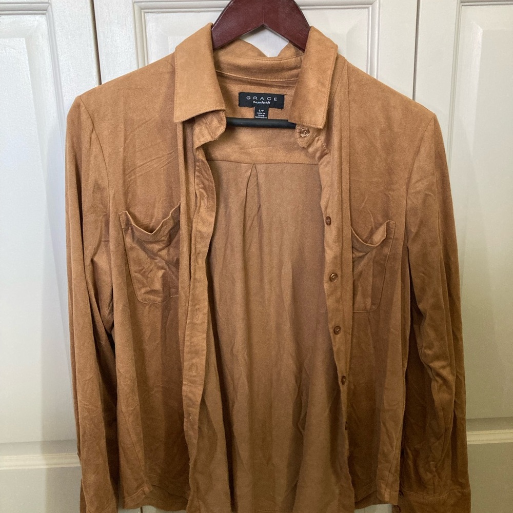 Grace Tan Suede-Look Button Front Jean Jacket